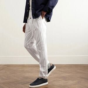 Brunello Cucinelli White Cotton Tan Striped Drawstring Pants 52 Straight Casual